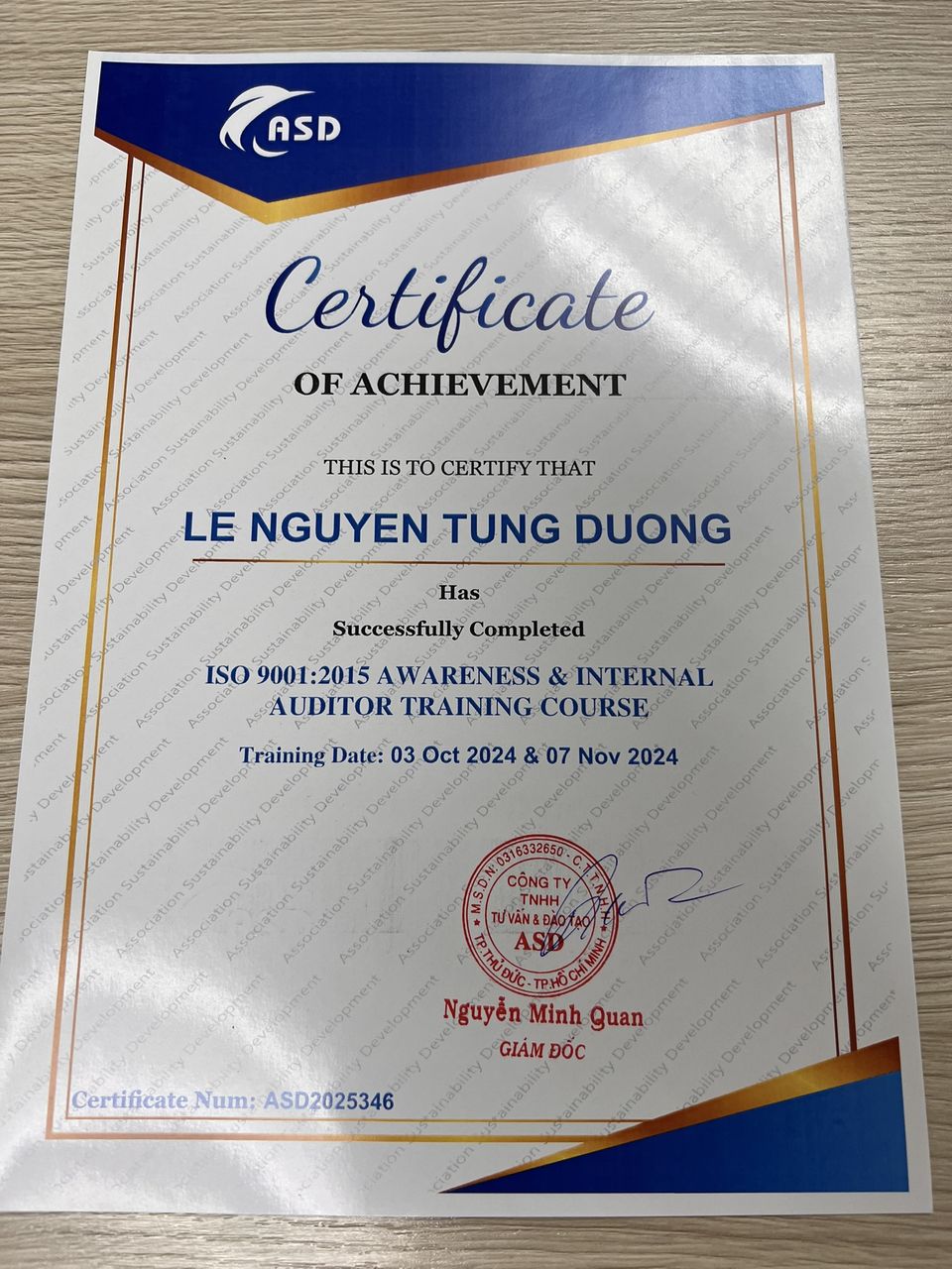 ISO 9001 internal auditor certificate